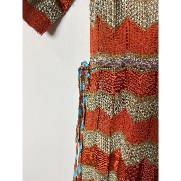 M by Missoni Dress Fit Flare Knit Tie Zig Zag Brown Teal Orange S *no size tag* - Picture 5 of 5